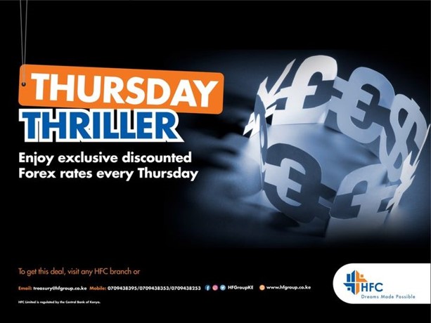 Thursday Thriller is here! Leo we are ensuring you get the best forex rates in town by giving you discounted rates! What’s more, you don't have to go to the bank to exchange your currency, simply use the HFC Whizz App to do so anytime, anywhere!
For more information call us on