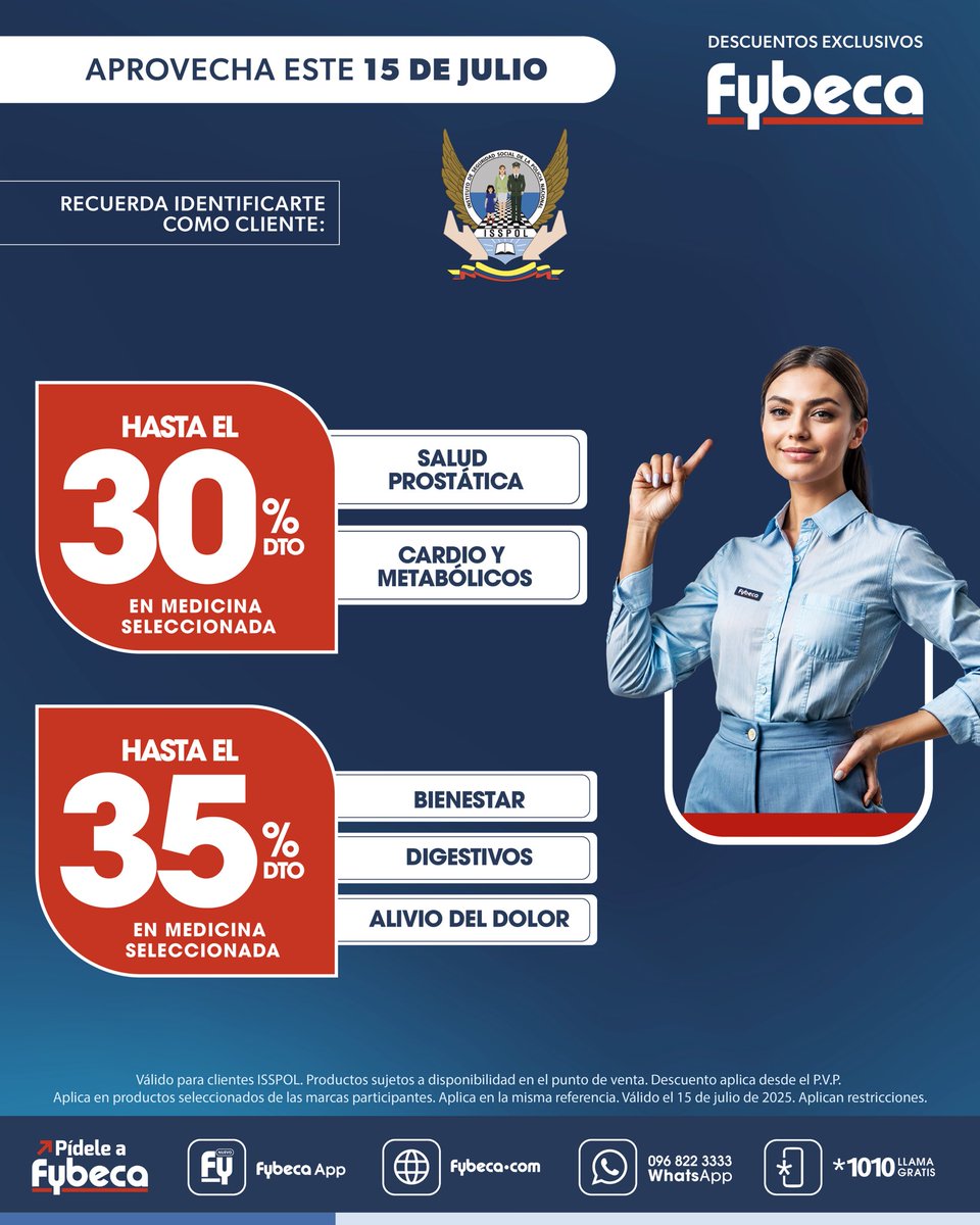 ISSPOL's tweet photo. 🩺 ¡Este 15 de julio aprovecha descuentos exclusivos en medicinas seleccionadas!

Hasta el 35% de descuento en categorías como bienestar, digestivos y más.

🔔 Recuerda identificarte como afiliado ISSPOL en Fybeca y SanaSana. https://t.co/Op59yOE8GA