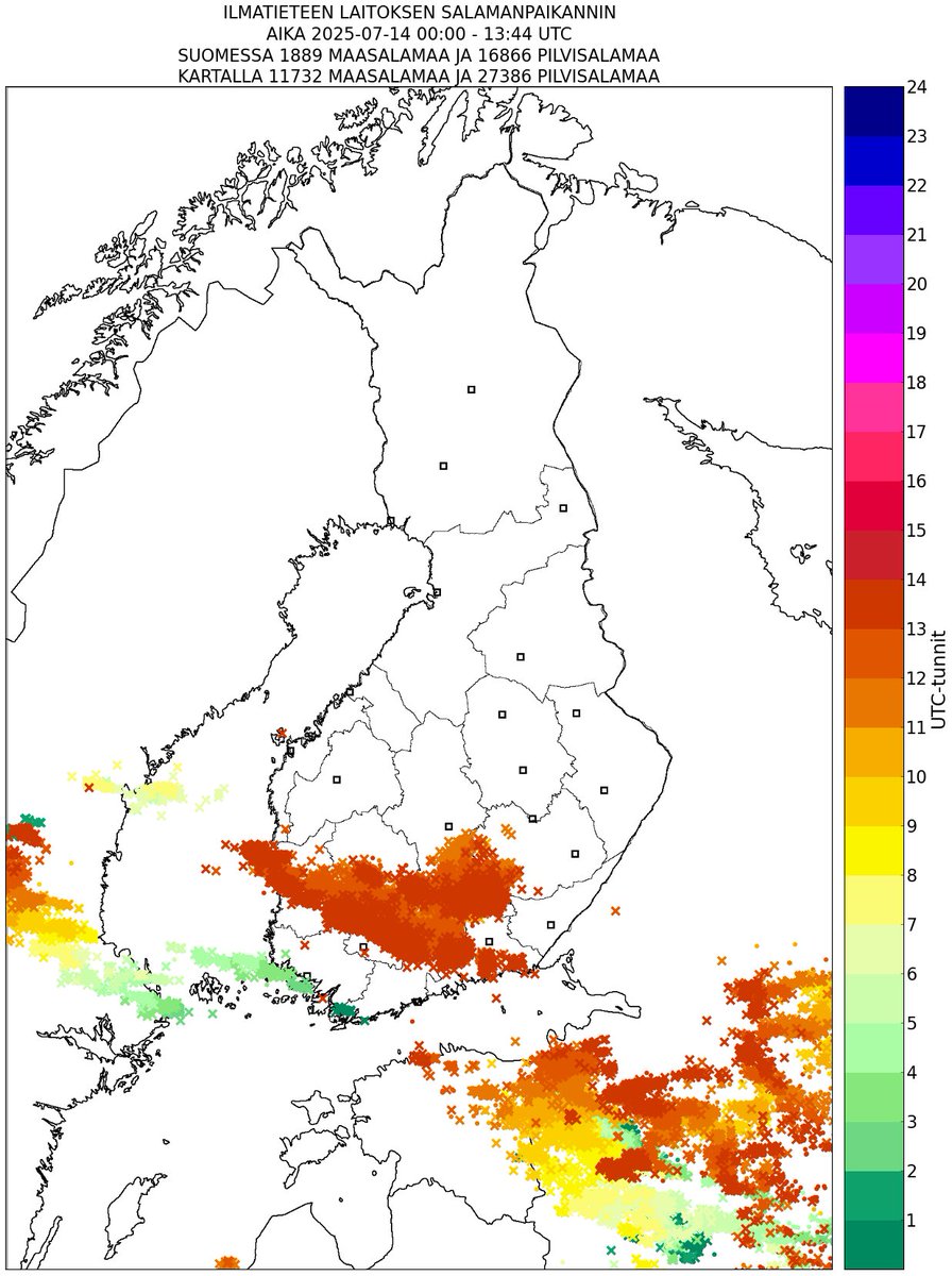 meteorologit's tweet image. Ukkostilanne kello 16.44 (SA): kuluva päivä on ollut tämän kesän vilkkain salamaniskujen osalta: tähän mennessä jo lähes 1900 maasalamaniskua ja lisää on tulossa. #ukkonen #kesä #sää