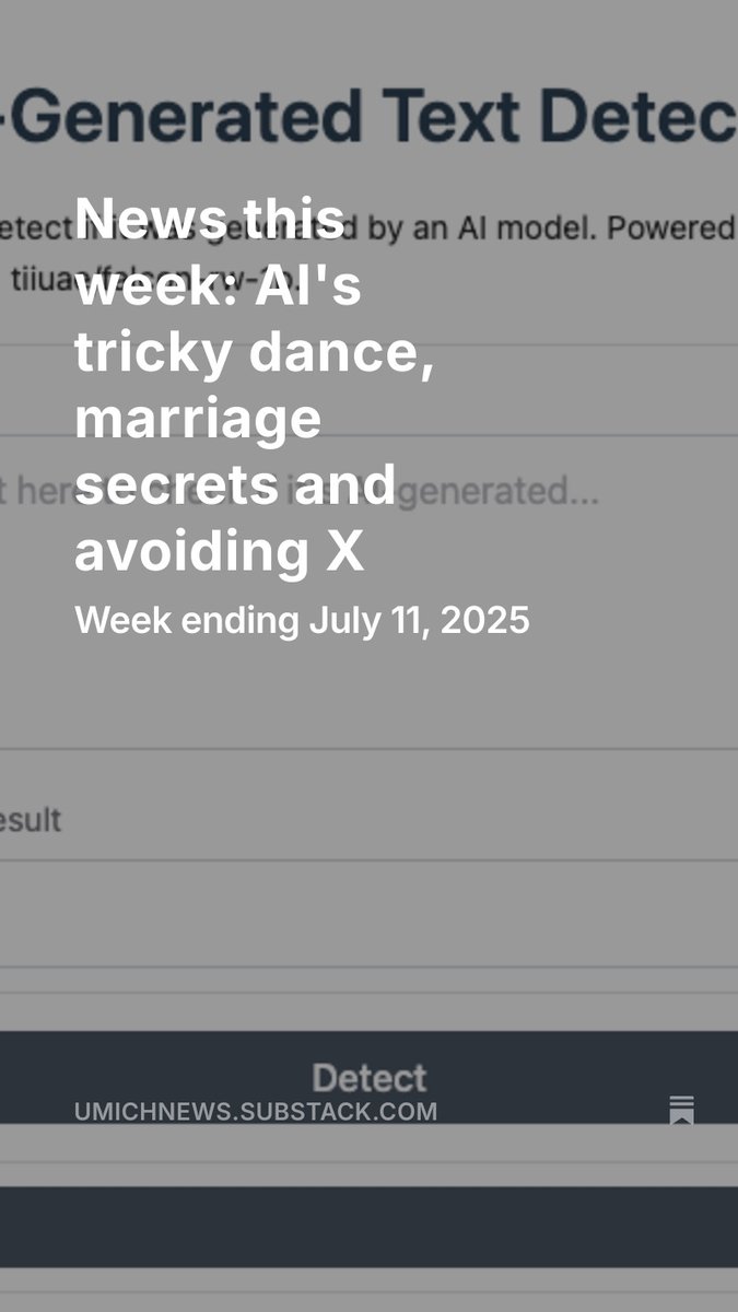 UMichiganNews's tweet image. News from last this week features AI's tricky dance, marriage secrets and avoiding X. Read our full Substack newsletter here: myumi.ch/P394P