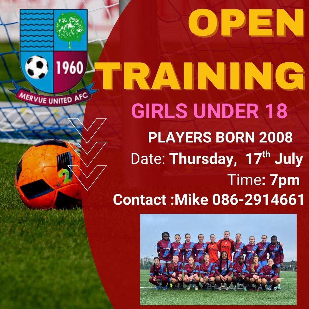 Open training session for Girls looking to play with our Under 18 Squad for the new season. 
Come along Thursday and experience our excellent facilities at Fahy's Field ⚽️⚽️⚽️⚽️