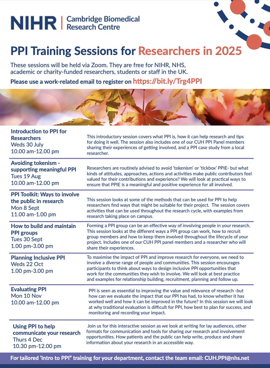 CambridgeBRC's tweet image. 👉Researchers in East Anglia! There is still time to book onto the FREE PPI Training Sessions!
👉First session starts this month - Wed 30th July!
👉Book via: bit.ly/Trg4PPI
@CUH_NHS @CUH_NMAresearch @Cambridge_Uni @SCICambridge @MRC_Epid @RoyalPapworth @NIHRresearch