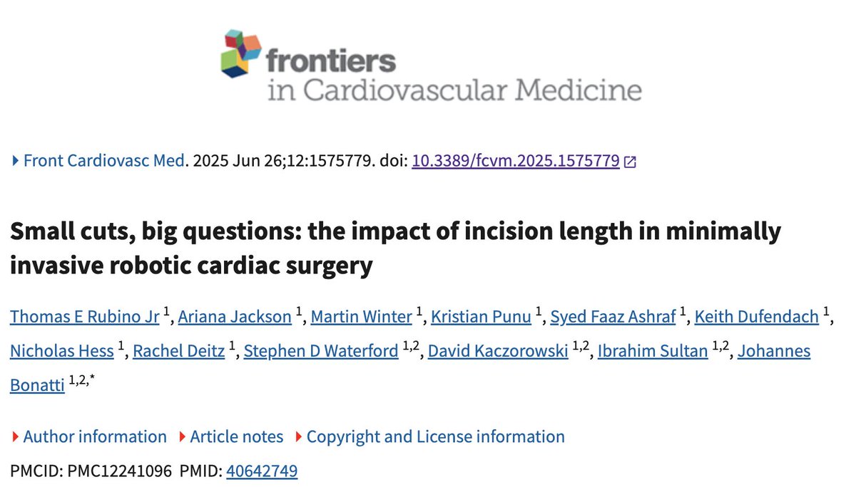 UPMC_CTSurgery's tweet image. Incision length in #Robotic #CardiacSurgery linked to obesity, procedure type, surgical technical problems, conversion to sternotomy, procedure time
🔗: pubmed.ncbi.nlm.nih.gov/40642749/
@rdeitz_md @faazash @NicholasHessMD @KDufendachMD @DavidKaczoro @IbrahimSultanMD @HviUpmc @FrontiersIn