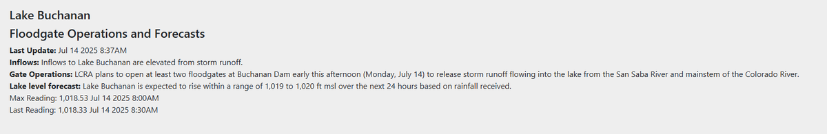 NEW: At least two floodgates will open at Buchanan Dam this afternoon according to the LCRA. Gates will open as soon as Buchanan hits 100% capacity (currently 96% and climbing) 

That water will then go into Inks Lake, over the spillway, and into Lake LBJ #atxwx #txwx