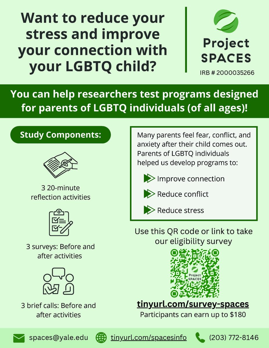 We are recruiting parents of LGBTQ people for a paid study assessing programs designed for parents like you! See if you qualify for our research study by completing our eligibility screener 🏳️‍🌈🏳️‍⚧️⬇️
yalesurvey.ca1.qualtrics.com/jfe/form/SV_0P…