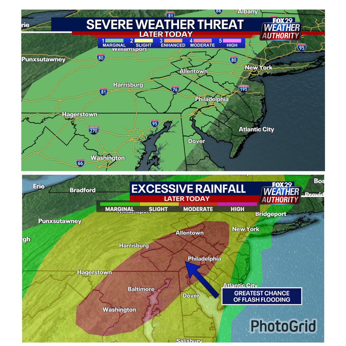 SueSerioFox29's tweet image. Storms pop up ahead of a cold front. Start watching anytime after 2:00 pm. We have a marginal chance of severe weather. A moderate chance of excessive rainfall: as much as 2”-4” in a short period of time. More fox29philly
