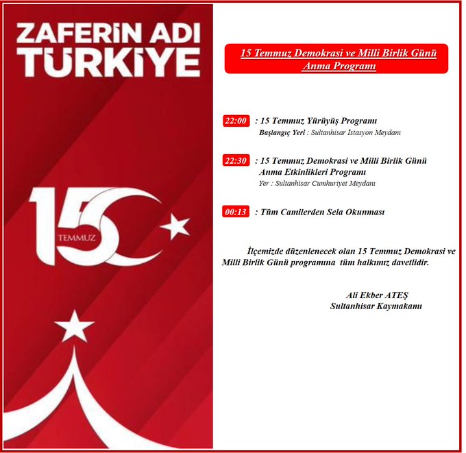 15 Temmuz Demokrasi ve Millî Birlik Günü Kutlamalarına Davet