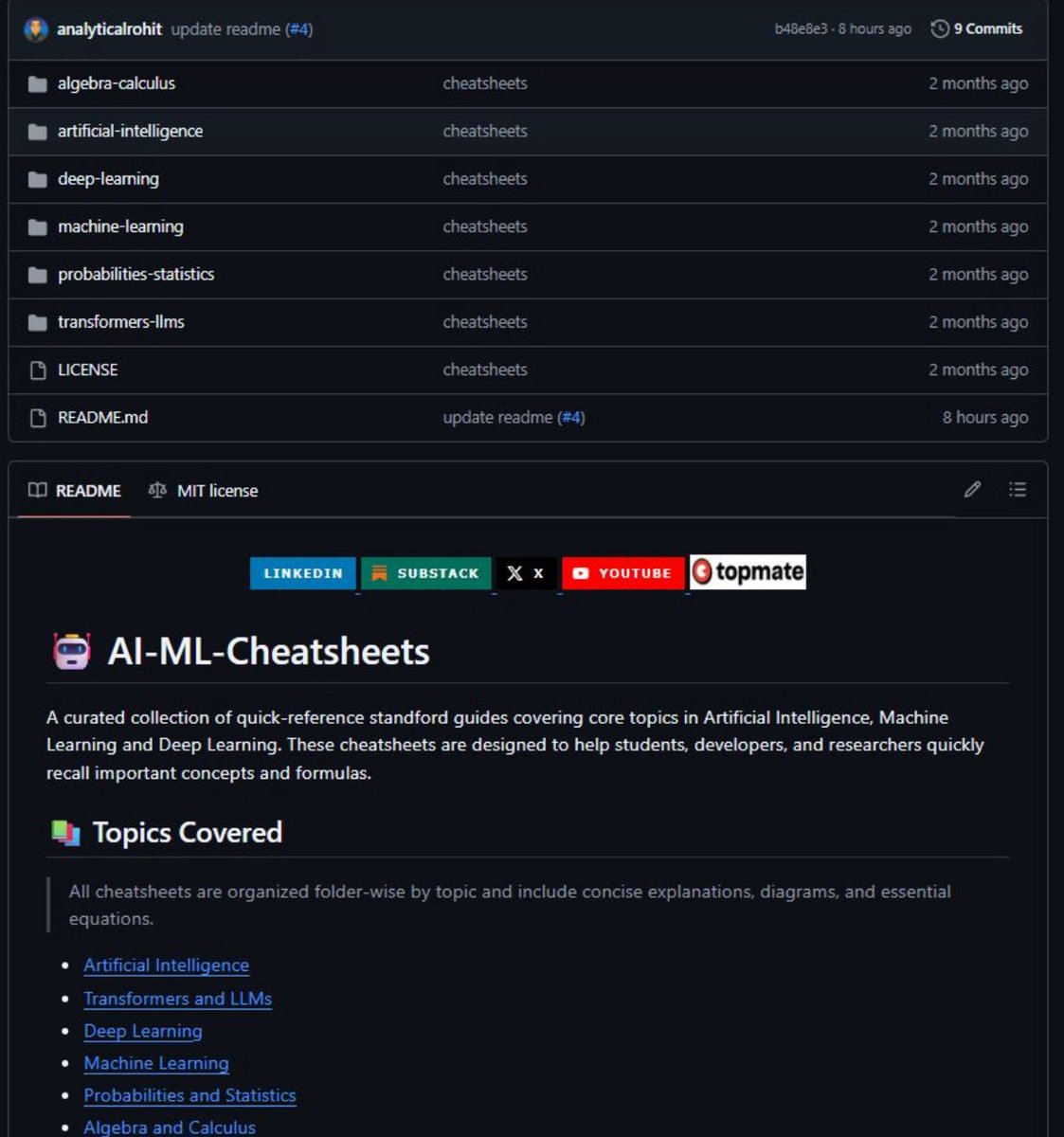 this repo is actually gold. machine learning cheatsheets from Stanford. it summarizes:
&gt; deep learning
&gt; transformers and llm
&gt; algebra and calculus
&gt; probabilities and statistics
and so much more. gonna give this a read