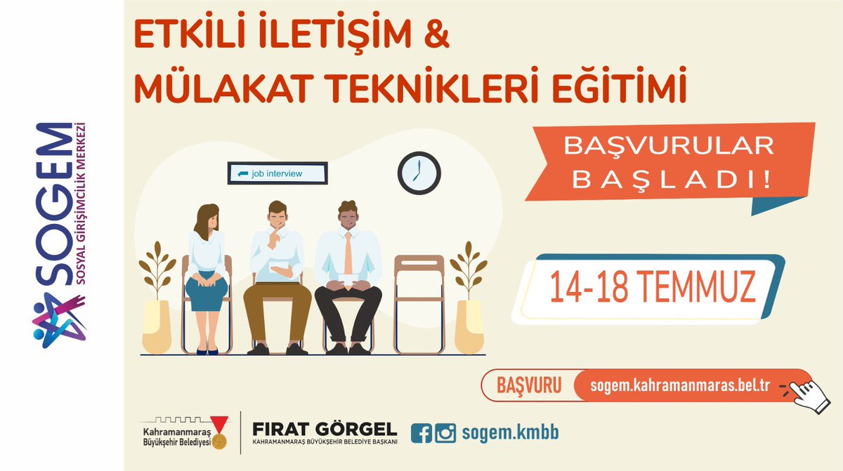 SOGEM | Etkili İletişim ve Mülakat Teknikleri Eğitimi başvuruları başladı.

⏳ Son Başvuru : 18 Temmuz

Başvuru linki web sitemizin duyurular bölümünde 🔽

🔗 kahramanmaras.bel.tr/duyuru/2025/07…