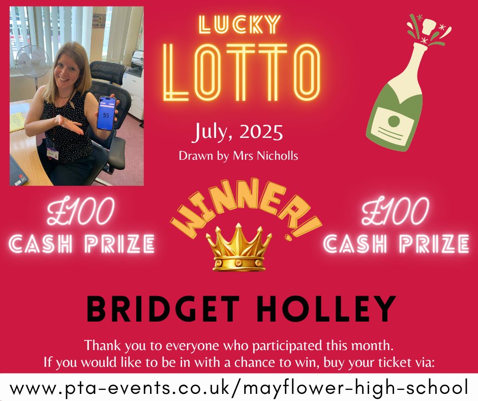 Congratulations to Bridget Holley - this month's winner of £100 cash!! The PTFA Lucky Lotto will continue running over the Summer break - so make sure you have your ticket renewed/purchased (via pta-events.co.uk/mayflower-high…) in time for our next draw on August 1st!