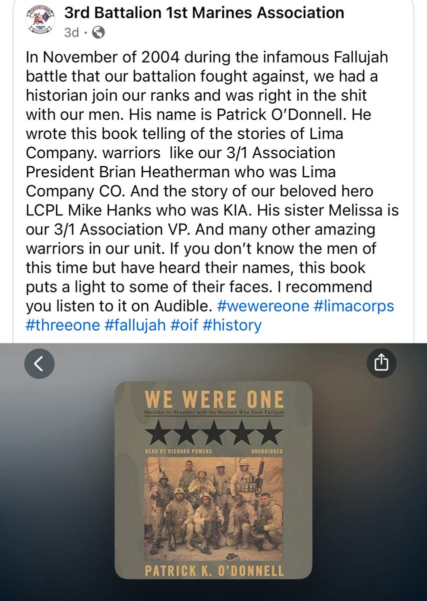 combathistorian's tweet image. “In November of 2004 during the infamous Fallujah battle.…we had a historian join our ranks and was right in the shit with our men.”We Were One on multiple @USMC Commandants’ Professional Reading Lists (required reading for enlisted Marines).