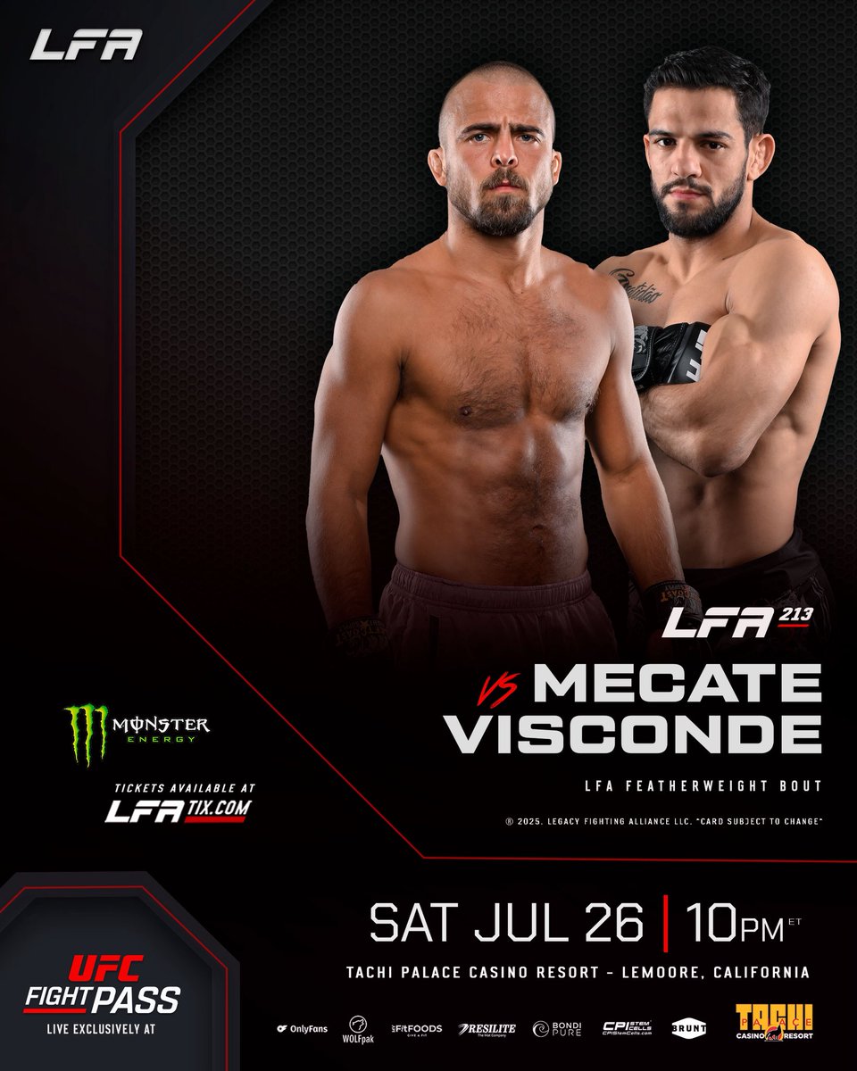 Next stop #LFA213 🐺

Takes place Saturday, July  26th at @TachiPalace Casino Resort, located just 35 minutes south of #Fresno #California

📲 The event will stream live worldwide on @UFCFIGHTPASS® at 10 p.m. ET / 7 p.m. PT.

🎟️ Tickets available 🔗 LFATIX.com