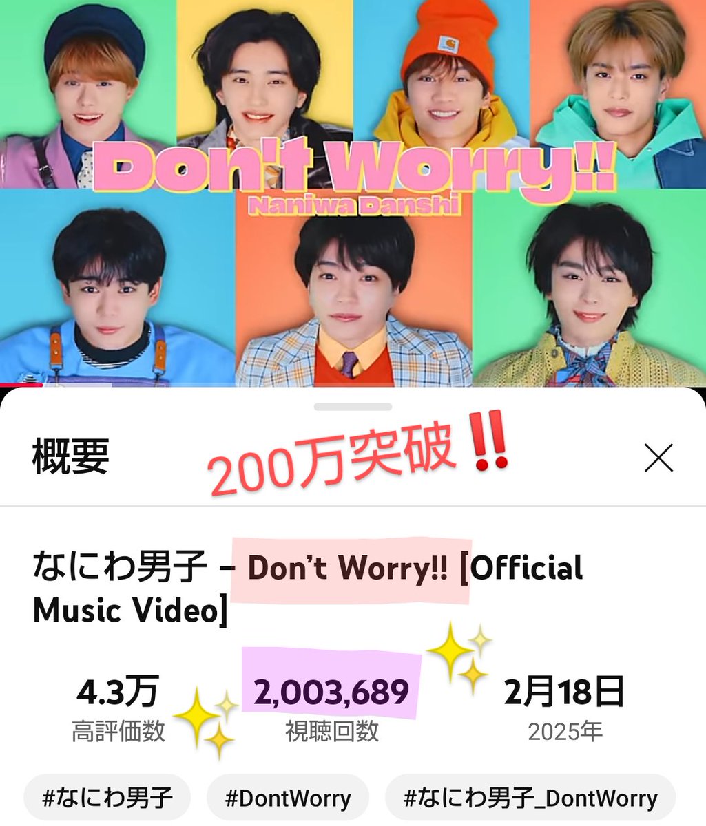 sama45238175837's tweet image. 2025/7/14(月)
『Don’t Worry!!』MV
200万突破おめでとう～🎉🎉🎉

#なにわ男子
#DontWorry