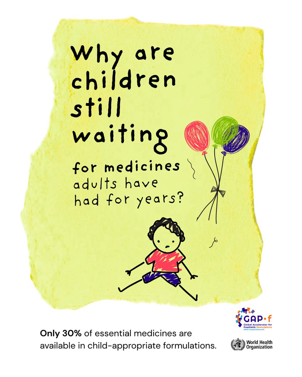 WHO's tweet image. Many essential medicines are not designed for children.

That means crushed pills, inaccurate doses, and bitter tastes that make treatment hard to take.

@GAP_f_Network is working to close this gap.

🔗bit.ly/4lkpLZk

#HealthForAll