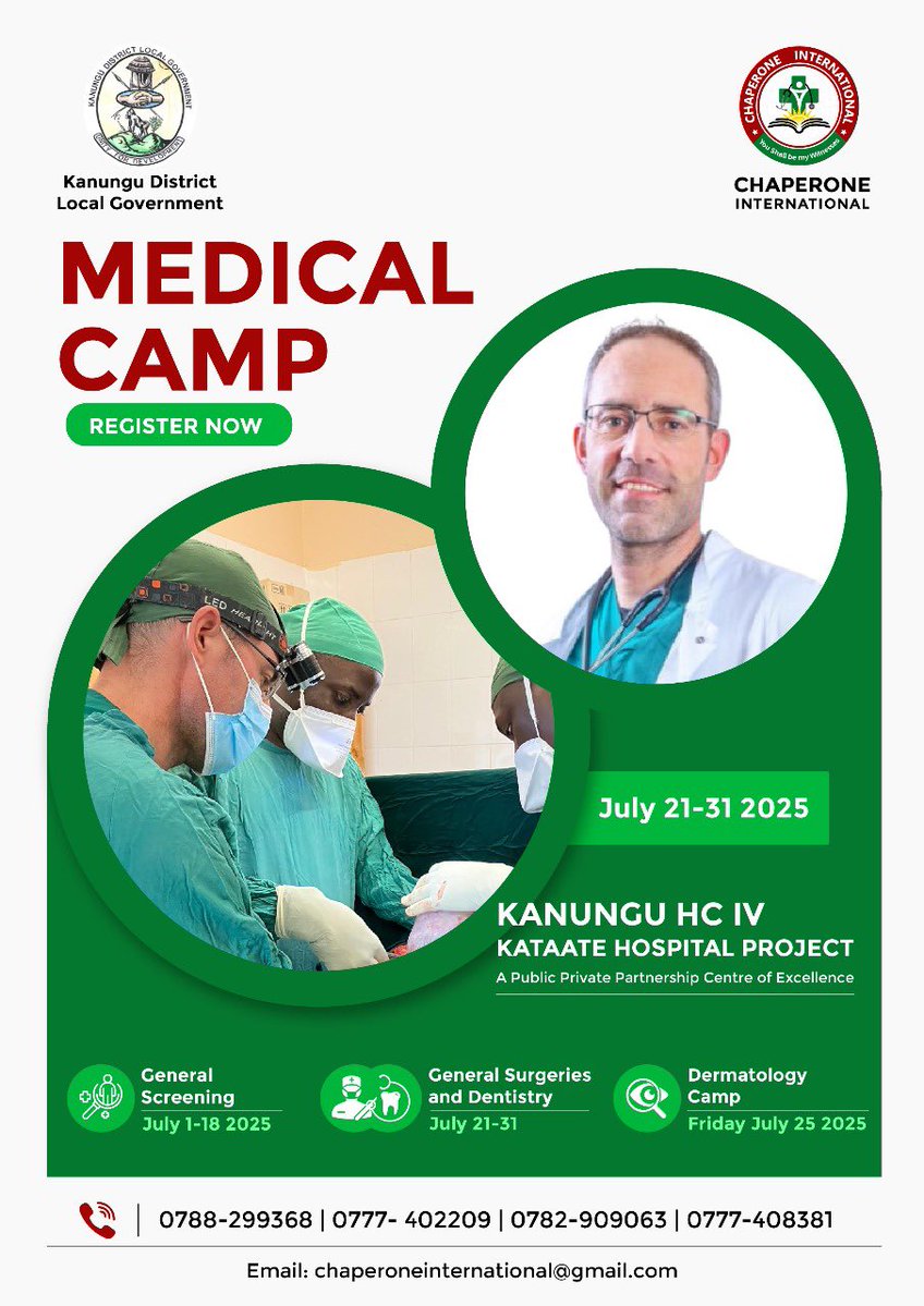 ChaperoneInter1's tweet image. Medical Camp at Kanungu HC IV, Kataate: July 21-31 2025 ( General surgeries and dentistry). Dermatology/ skin care is on Friday 25.07.2025.
Register now.
