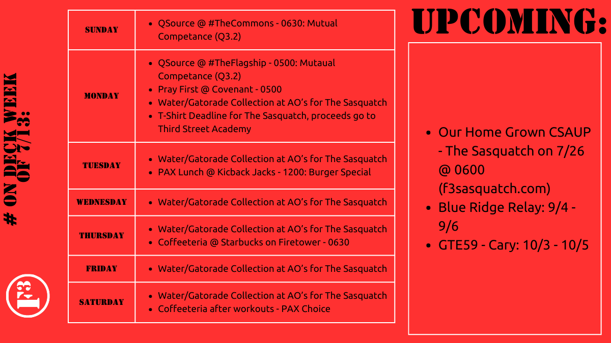 Something every day, show up and help yourself!

The Sasquatch Season is upon us, sign up today to get that T-Shirt!