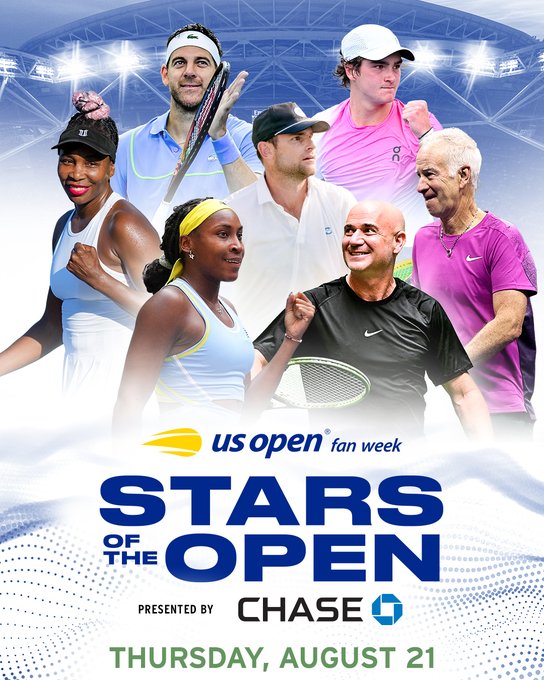 Promotional graphic for Stars of the Open Presented by Chase at the US Open on Aug. 21. Players include Venus Williams, Juan Martin del Potro, Coco Gauff, Andy Roddick, Andre Agassi, John McEnroe and Joao Fonseca