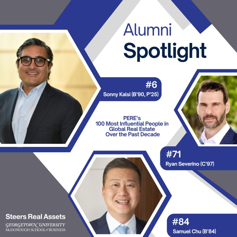We’re proud to celebrate three members of the Steers Center alumni community—Sonny Kalsi (B’90, P’25), Ryan Severino, CFA (C’97), and Sam Chu (B’84)—for being named among the 100 Most Influential People in Global Real Estate Over the Past Decade by PERE.