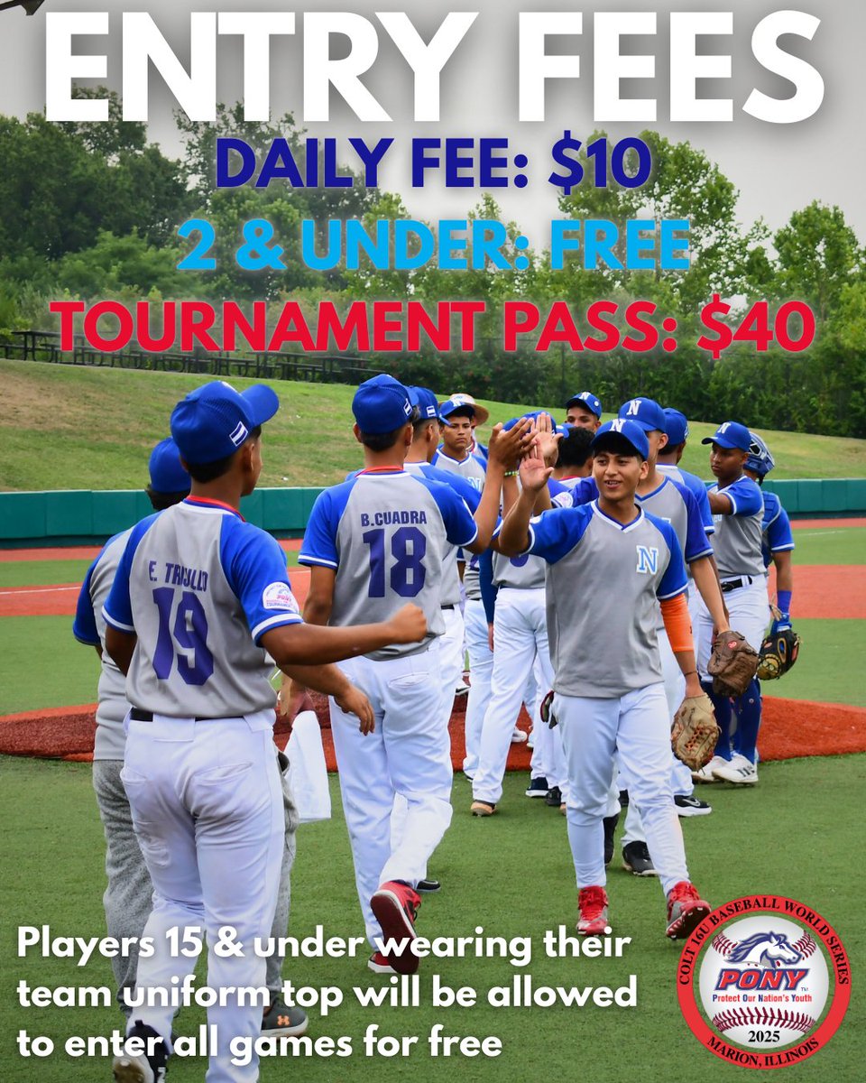ColtWorldSeries's tweet image. We are so excited to start the Colt World Series in 18 days. Here is everything about ticketing.
Daily Pass: $10
2 and under: free
Full Tournament Pass: $40
For those cheering from home... check out this link to get your streaming set up for the series: bnproductions.tv