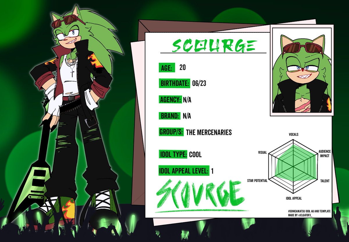 Elgatofx_'s tweet image. SCOURGE THE HEDGEHOG ⚡️
-- Lead singer of The Mercenaries 🎸
Twin of the hero of Mobius. He's famous for reasons he does not like. Eager to step out of his twin's heroic shadow, Scourge joins the tournament to show his skill.
#Sonicau #SonicAikatsu #scourgethehedgehog #Sonic