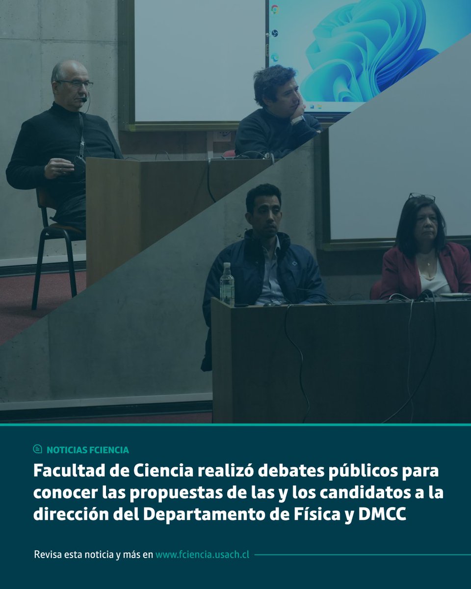 🗳️ El pasado lunes se realizaron los debates públicos con las y los candidatos a dirigir los Deptos. de Física y DMCC. Rosa Barrera, Patricio Cerda, Lautaro Vergara y Simón Oyarzún presentaron sus propuestas ante la comunidad.

📎 Conoce los detallles: shorturl.at/LLYHd