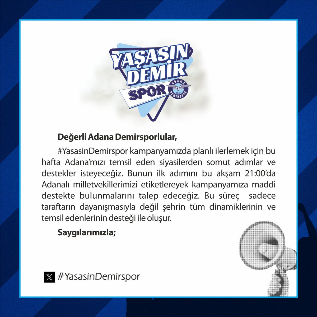 Demirspor TV (@demirsportv) on Twitter photo #YasasinDemirspor hastagi ile bu akşam 21.00’da Adanalı milletvekillerimizi etiketlereyek gündem çalışması yapacağız.
Milletvekillerimizin kullanıcı adları:
<a href="/abdullahdogru01/">Abdullah Doğru</a> <a href="/AyseSibelErsoy/">Ayşe Sibel Ersoy🇹🇷</a> <a href="/ayyuceturkestas/">Dr. Ayyüce Türkeş Taş</a> <a href="/farukaytek/">Faruk Aytek</a> <a href="/muharremvarli01/">Muharrem VARLI</a> <a href="/omerrcelik/">Ömer Çelik</a> <a href="/orhanssumer/">Orhan SÜMER</a> <a href="/sadullahkisacik/">Sadullah Kısacık</a> #YasasinDemirspor hastagi ile bu akşam 21.00’da Adanalı milletvekillerimizi etiketlereyek gündem çalışması yapacağız.
Milletvekillerimizin kullanıcı adları:
<a href="/abdullahdogru01/">Abdullah Doğru</a> <a href="/AyseSibelErsoy/">Ayşe Sibel Ersoy🇹🇷</a> <a href="/ayyuceturkestas/">Dr. Ayyüce Türkeş Taş</a> <a href="/farukaytek/">Faruk Aytek</a> <a href="/muharremvarli01/">Muharrem VARLI</a> <a href="/omerrcelik/">Ömer Çelik</a> <a href="/orhanssumer/">Orhan SÜMER</a> <a href="/sadullahkisacik/">Sadullah Kısacık</a>