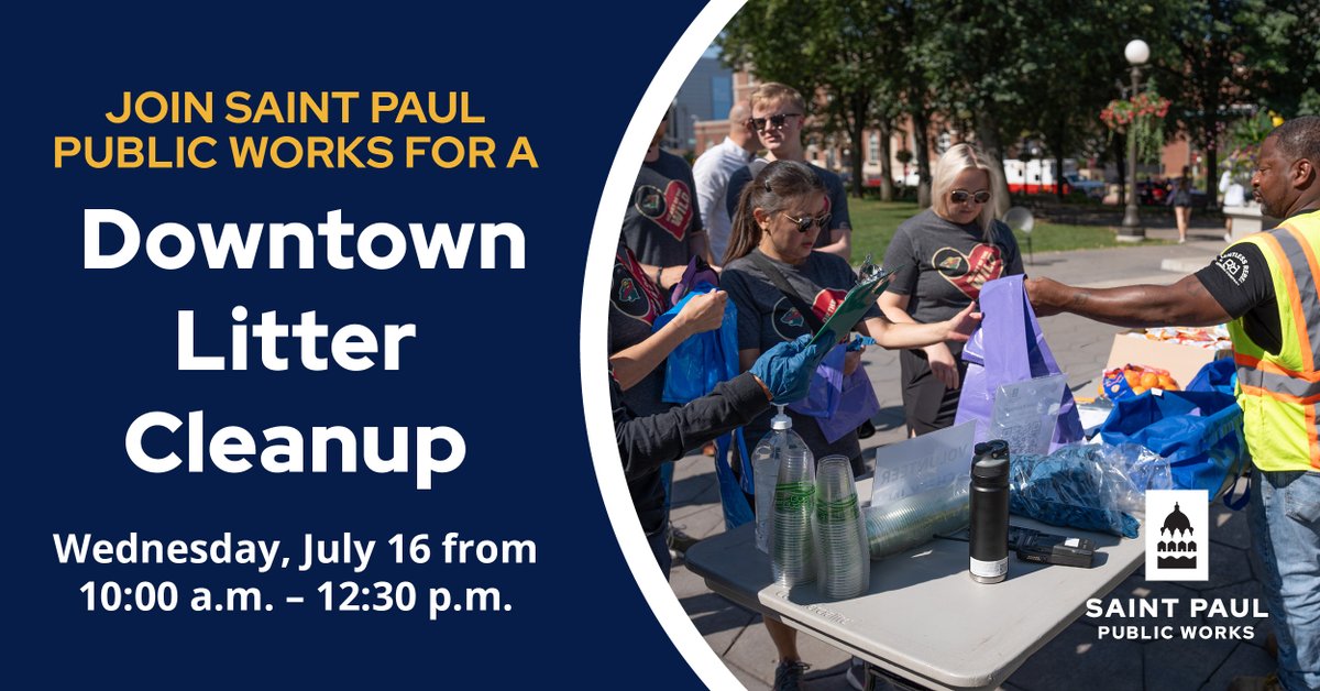 stpaulpublicw's tweet image. Join us this Wednesday, July 16 for a @cityofsaintpaul downtown litter cleanup at Mears Park, Rice Park and the Green Line Station. Volunteers arrive at 10am. All ages welcome.
Sign up to volunteer at office.pulse.ly/wytcnq5bso
More info at stpaul.pulse.ly/bshxe1irbl.