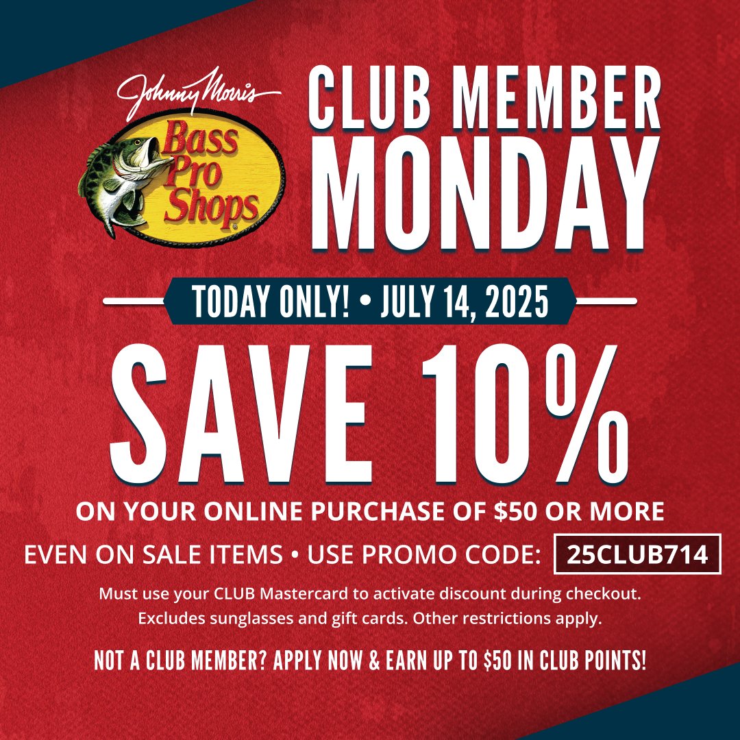 BassProShops's tweet image. CLUB Member exclusive TODAY - Save 10% on July 14th! Terms apply. Click here for details: bit.ly/41XnYlH