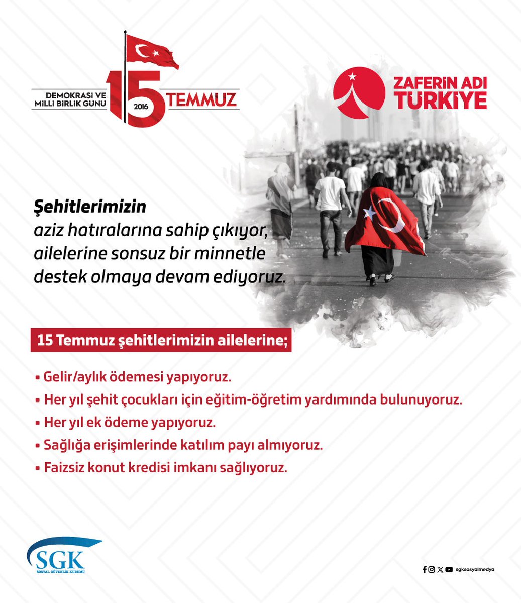 sgksosyalmedya's tweet photo. Demokrasi uğruna canını ortaya koyan kahramanlarımıza ve fedakar ailelerine olan vefa borcumuzu unutmuyoruz.

Destek olmaya, birlik ve beraberlik içinde yürümeye devam ediyoruz.

#15TemmuzDemokrasiveMilliBirlikGünü 🇹🇷
#ZaferinAdıTürkiye https://t.co/3V30jl13UF