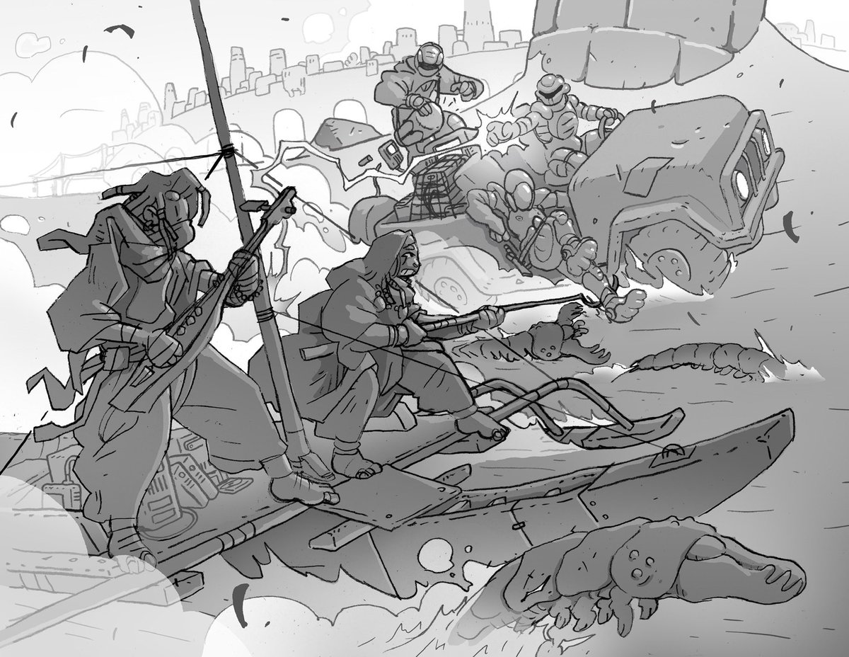 thegnarlyghost's tweet image. Toned pencil commission from last week, working on some more economical options for complex scenes
