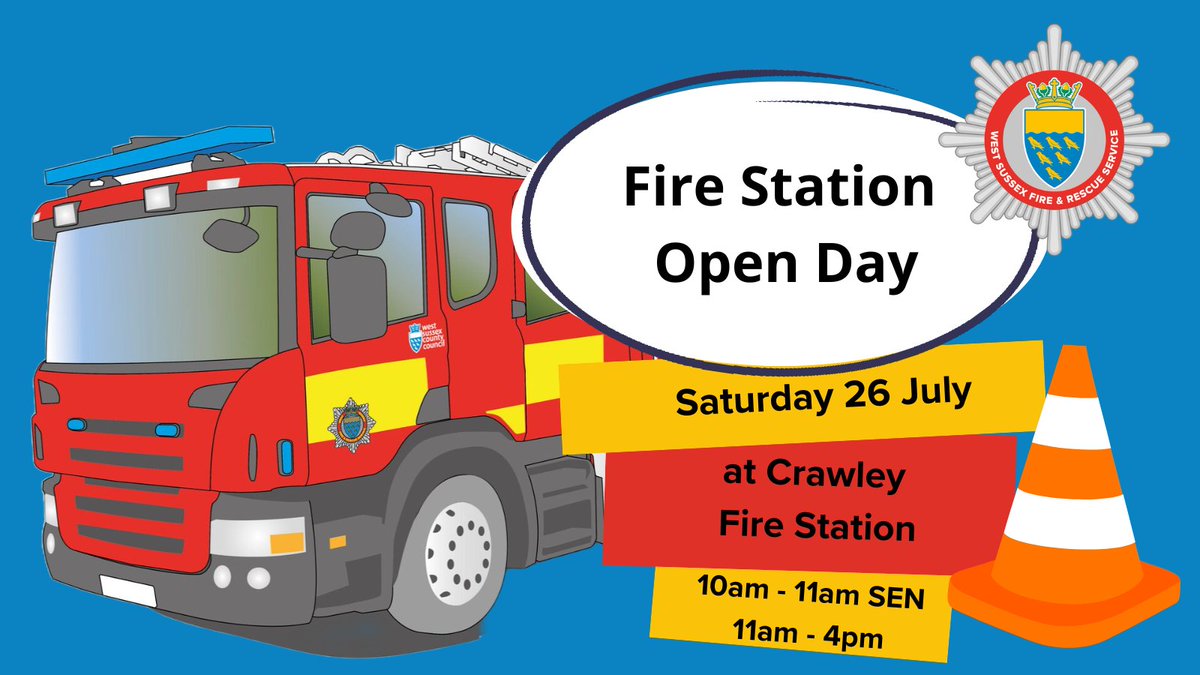 Crawley Fire Station is hosting an open day event on Saturday 26 July. 

Come and meet the crew, tour the station, and enjoy a day of family fun.

Doors open 10am-11am for SEN families, 11am-4pm for all. 

For more information on our open days visit orlo.uk/m7nvz