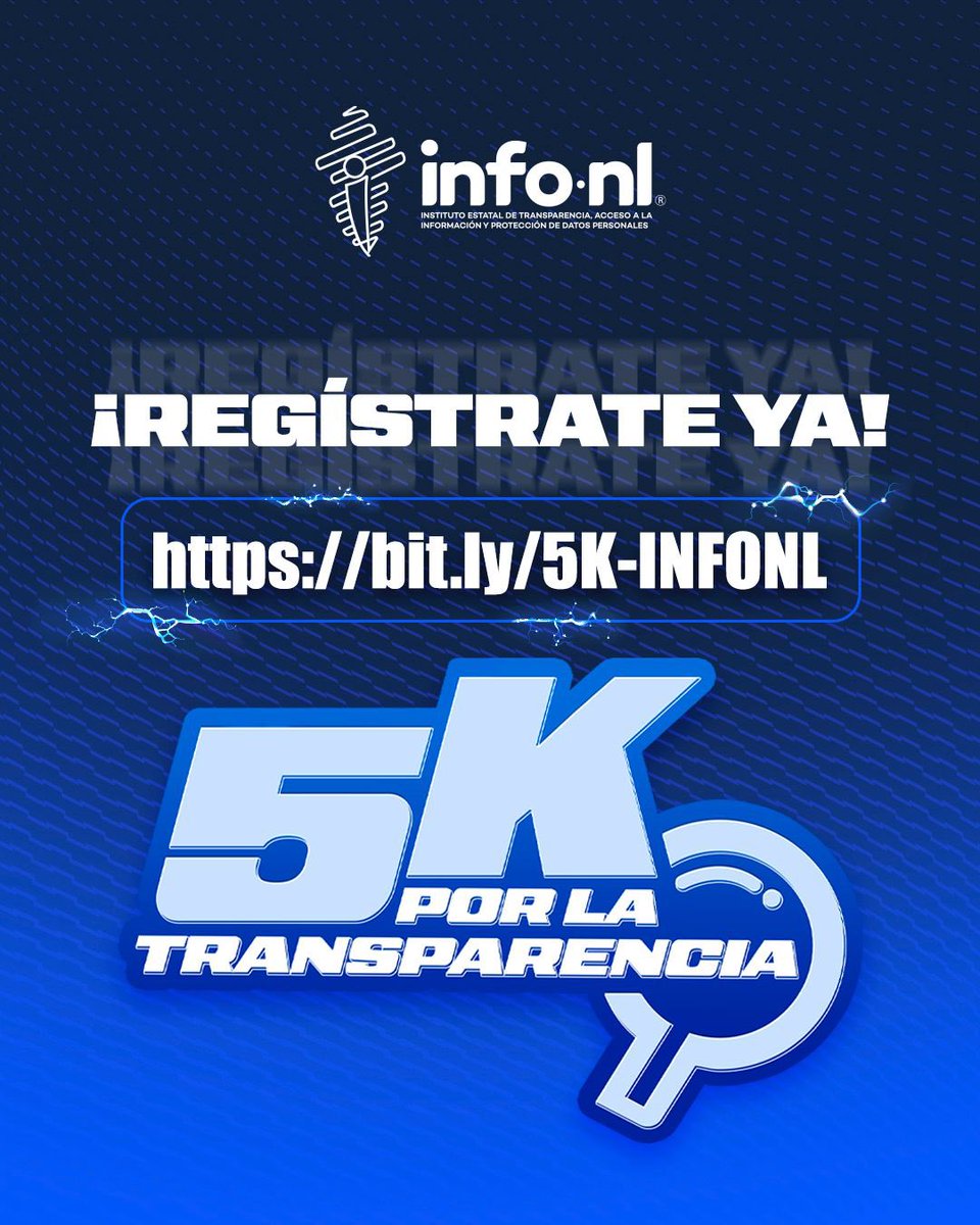 🚨¡INSCRIPCIONES ABIERTAS!🚨

No te quedes sin tu folio de la carrera
"5K POR LA TRANSPARENCIA INFONL"

Cupo limitado ¡Regístrate Ya! 🙌

Enlace de inscripción: 
🔗 bit.ly/5K-INFONL

📍Parque Fundidora
🗓️ 9 de Agosto
⏰ 7:00 am