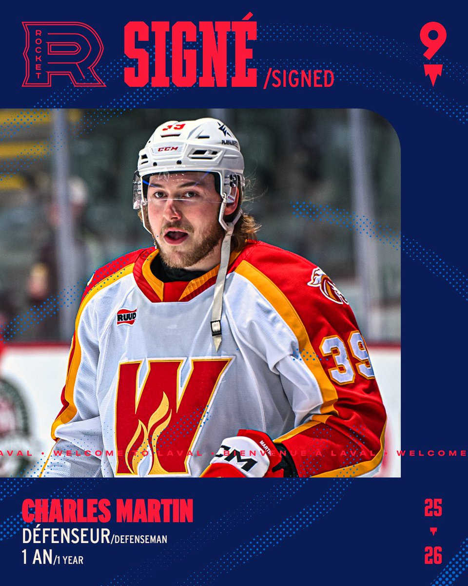 RocketLaval's tweet image. Le Rocket s’entend sur les modalités d’un contrat d’une saison à deux volets avec le défenseur Charles Martin
Détails au rocketlaval.com
Rocket agree to terms on a one-year, two-way AHL contract with defenseman Charles Martin
Details at