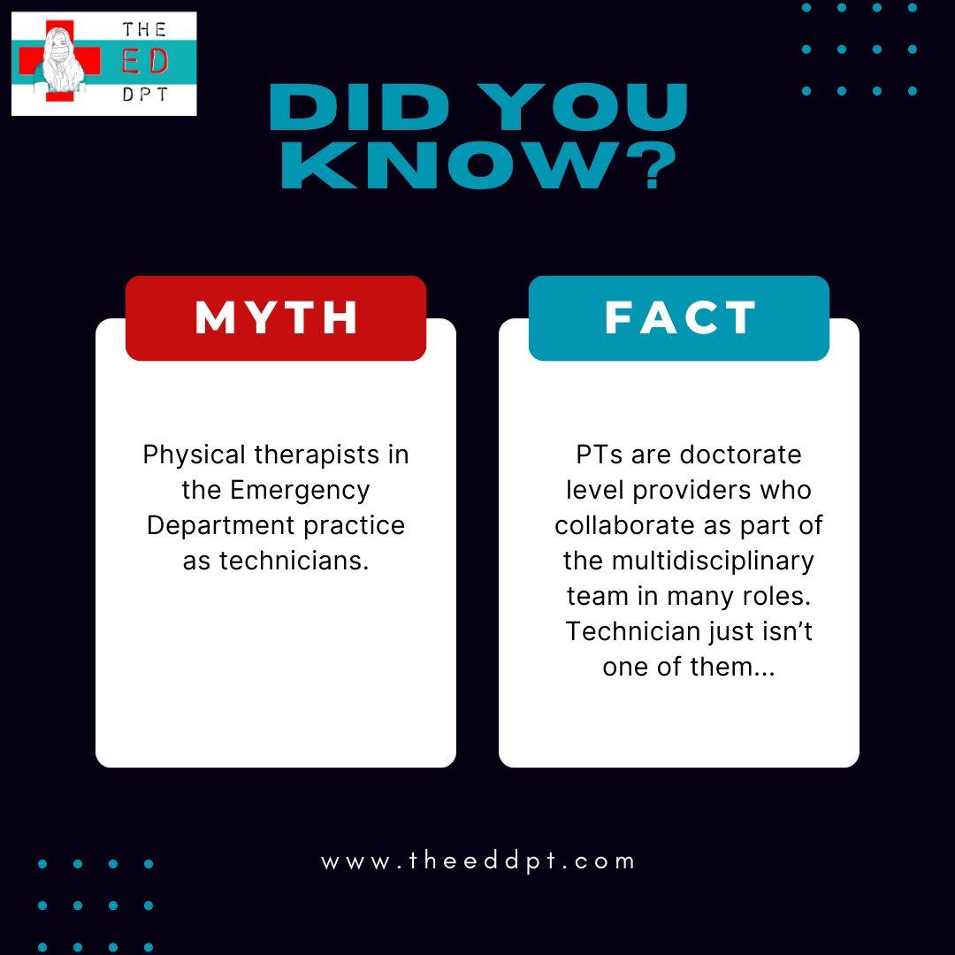 Myth Monday - 

#physicaltherapists are autonomous providers who collaborate as part of the team in the #emergencydepartment to optimize patient care.

#PhysicalTherapy #EmergencyDepartment #PTintheED #TheEDDPT #Topofscope