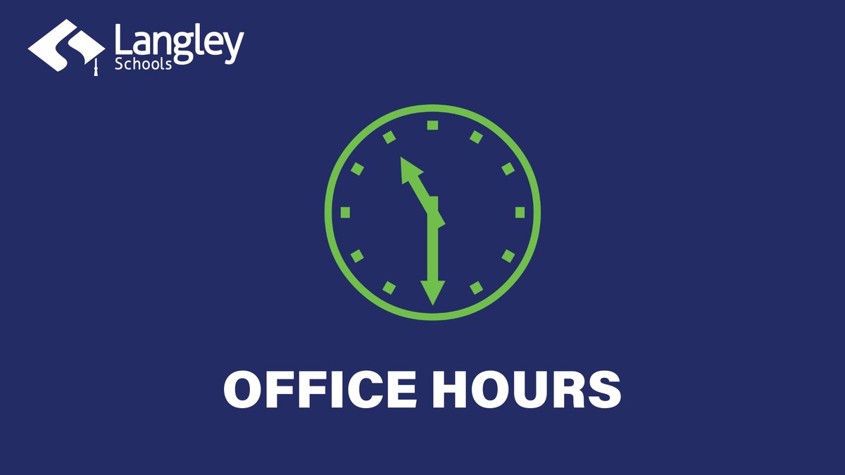 Summer hours for the Langley School Board office begin this week. From July 14 until Friday, August 15, the office will be open from 8 a.m. until 3:30 p.m. Regular hours, 8 a.m. until 4:30 p.m., return Monday, August 18.