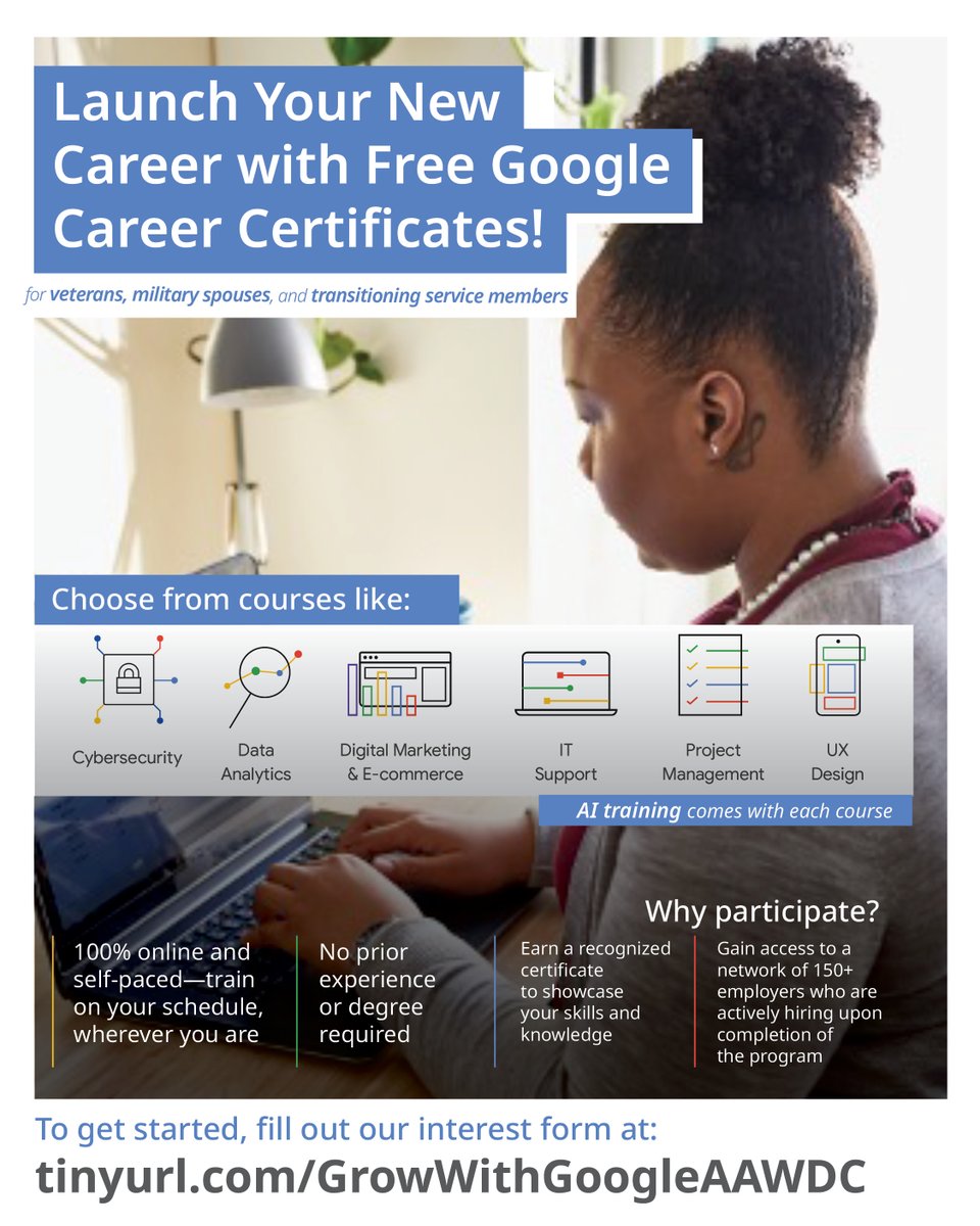 AAWDC (@aaworkforce) on Twitter photo AAWDC is proud to help our military community build new careers through free Google Career Certificates. Get started now at: tinyurl.com/GrowWithGoogle…
<a href="/USAGFortMeade/">U.S. Army Garrison Fort George G. Meade</a> #AAWDC #WorkforceDevelopment #GrowWithGoogle #CareerSuccess AAWDC is proud to help our military community build new careers through free Google Career Certificates. Get started now at: tinyurl.com/GrowWithGoogle…
<a href="/USAGFortMeade/">U.S. Army Garrison Fort George G. Meade</a> #AAWDC #WorkforceDevelopment #GrowWithGoogle #CareerSuccess