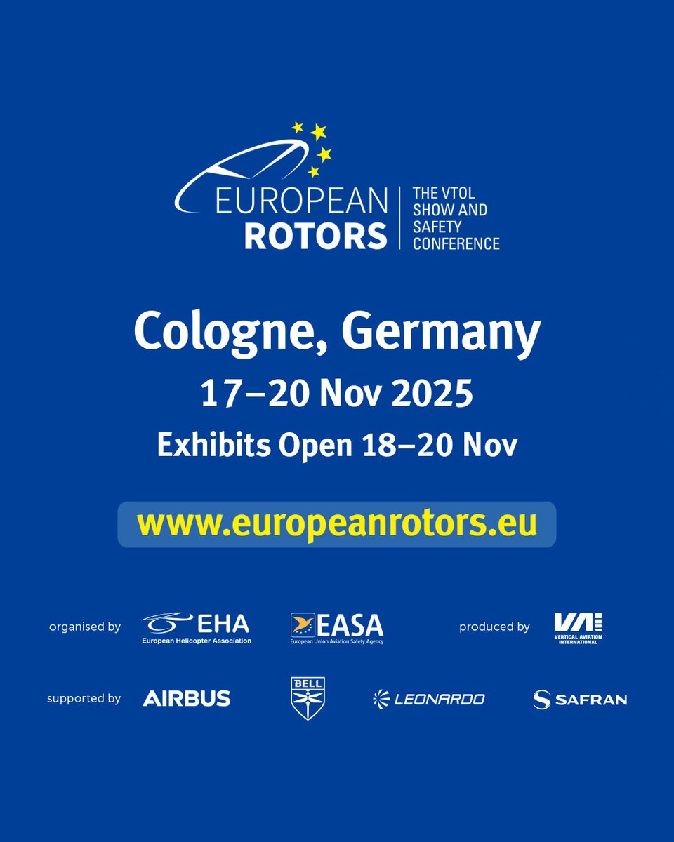 Be part of Europe’s premier VTOL event!

Join industry pioneers to shape the future of vertical flight.
Stands are filling fast — secure yours today!

Find out more at europeanrotors.eu
.
.
.
#europeanrotors2025
#europeanrotorsCologne
#aviation
#safetyfirst
#VTOL