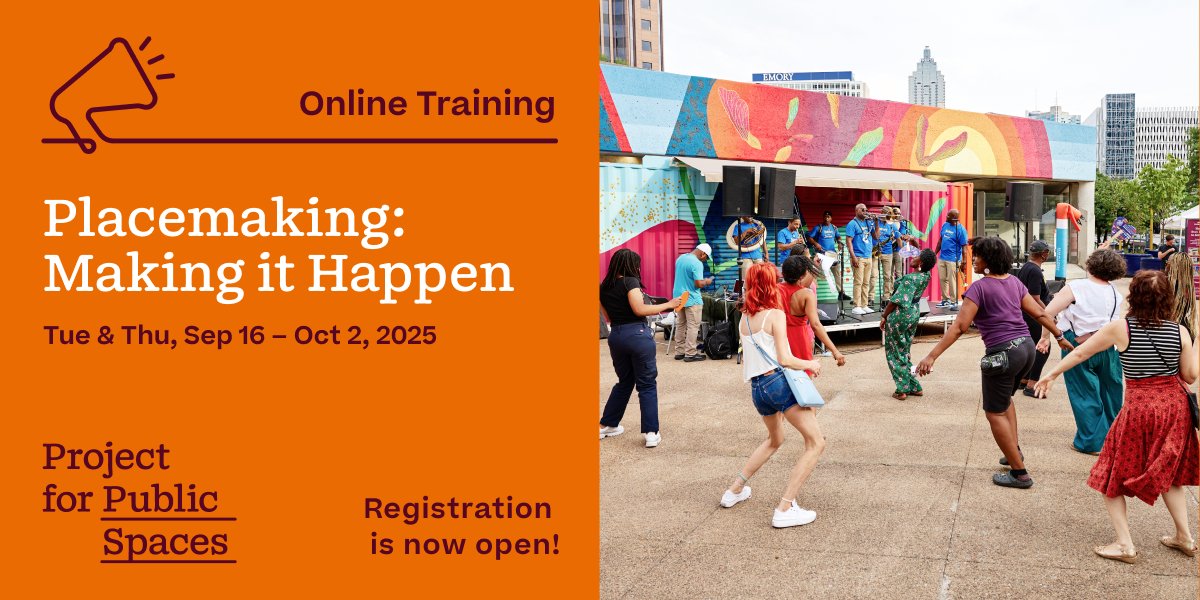 PPS_Placemaking's tweet image. ๐ฃ It's back! Early registration is NOW OPEN for our signature online training, "Placemaking: Making it Happen," on Tuesdays & Thursdays 9/16-10/2, 2025 w/ six, two-hr sessions. Unlock the potential of a street, park, plaza, empty lot, market! ๐ pps.org/events/placemaโฆ