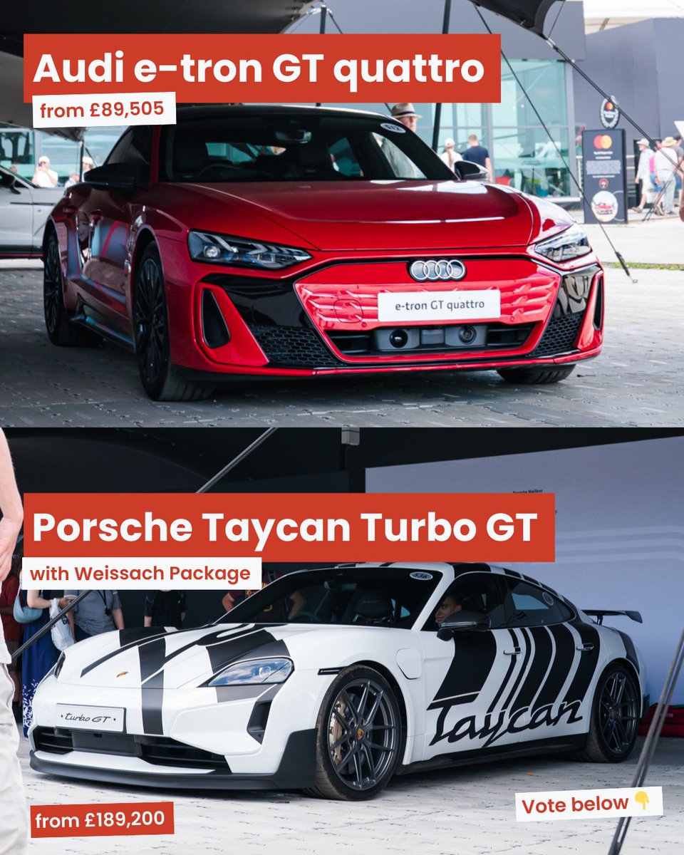 InstaVoltUK's tweet image. You can only pick one… ⚡️ #GoodwoodFOS EV edition:
🚗 Audi e-tron GT Quattro
🚗 Porsche Taycan GT
Both fast, both seriously good-looking. But if both sets of keys were on the table… which one are you grabbing? 👇