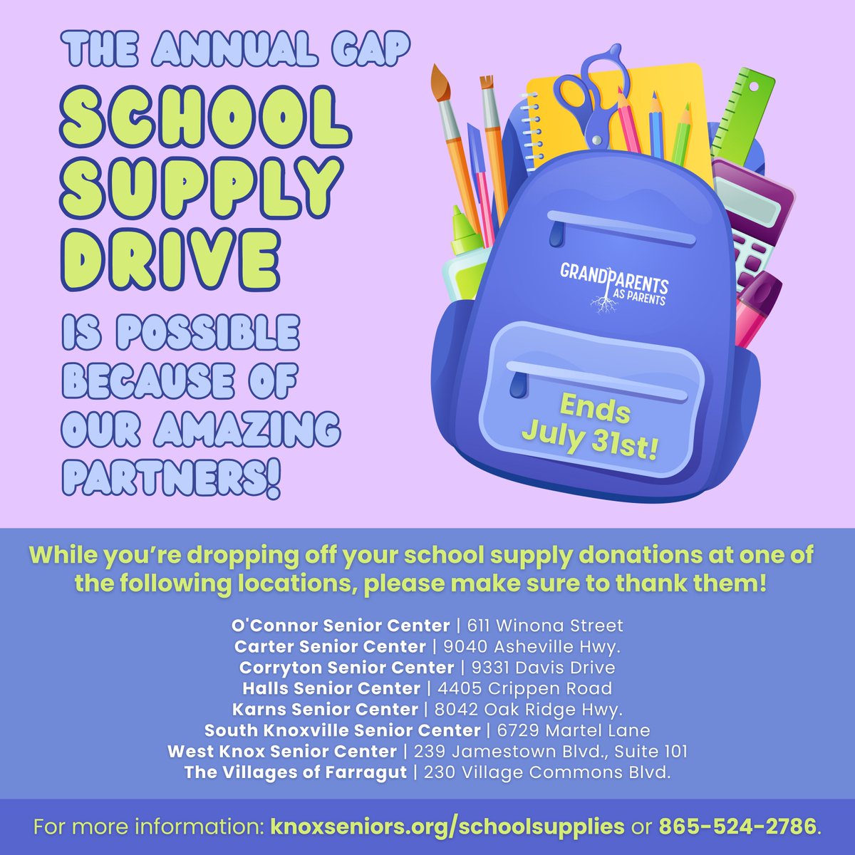 Every year, our GAP School Supply Drive is successful because of individuals like YOU and our amazing partners! Visit knoxseniors.org/schoolsupplies for a list of needed items and more information. #GAPTipTuesday #Knoxville #SchoolSupplyDrive