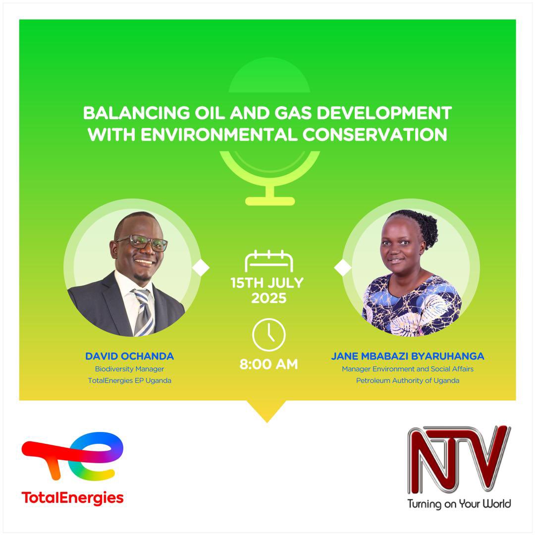 PAU_Uganda's tweet image. How does Ugandan balance oil and gas development with environmental conservation?
Join the conversation tomorrow, 15th July 2025, at 8:00 AM on @ntvuganda as Ms Jane Mbabazi Byaruhanga, Manager, Environment and Social Affairs, PAU and Mr David Ochanda, Biodiversity Manager,…