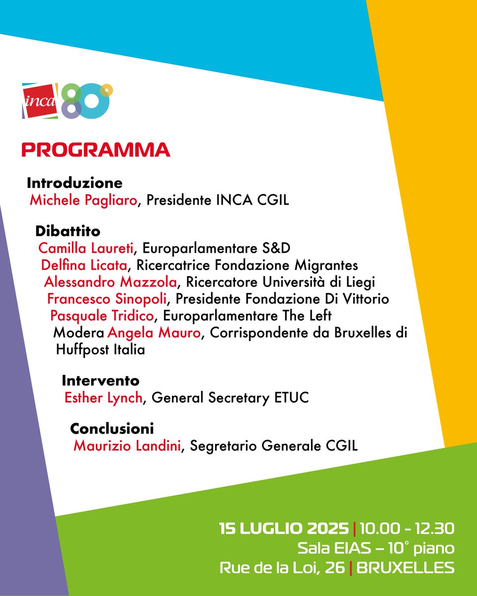 🌍 TUTELE SENZA FRONTIERE:
80 anni di diritti in movimento

📍 BRUXELLES | 15/7
🕙 h10-12.30

🟥 Ne parliamo con rappresentanti delle istituzioni europee, della ricerca e del sindacato

#inca80 #tutelesenzafrontiere #incacgil #dirittiinmovimento #ogniumanatutela #tutelaquotidiana