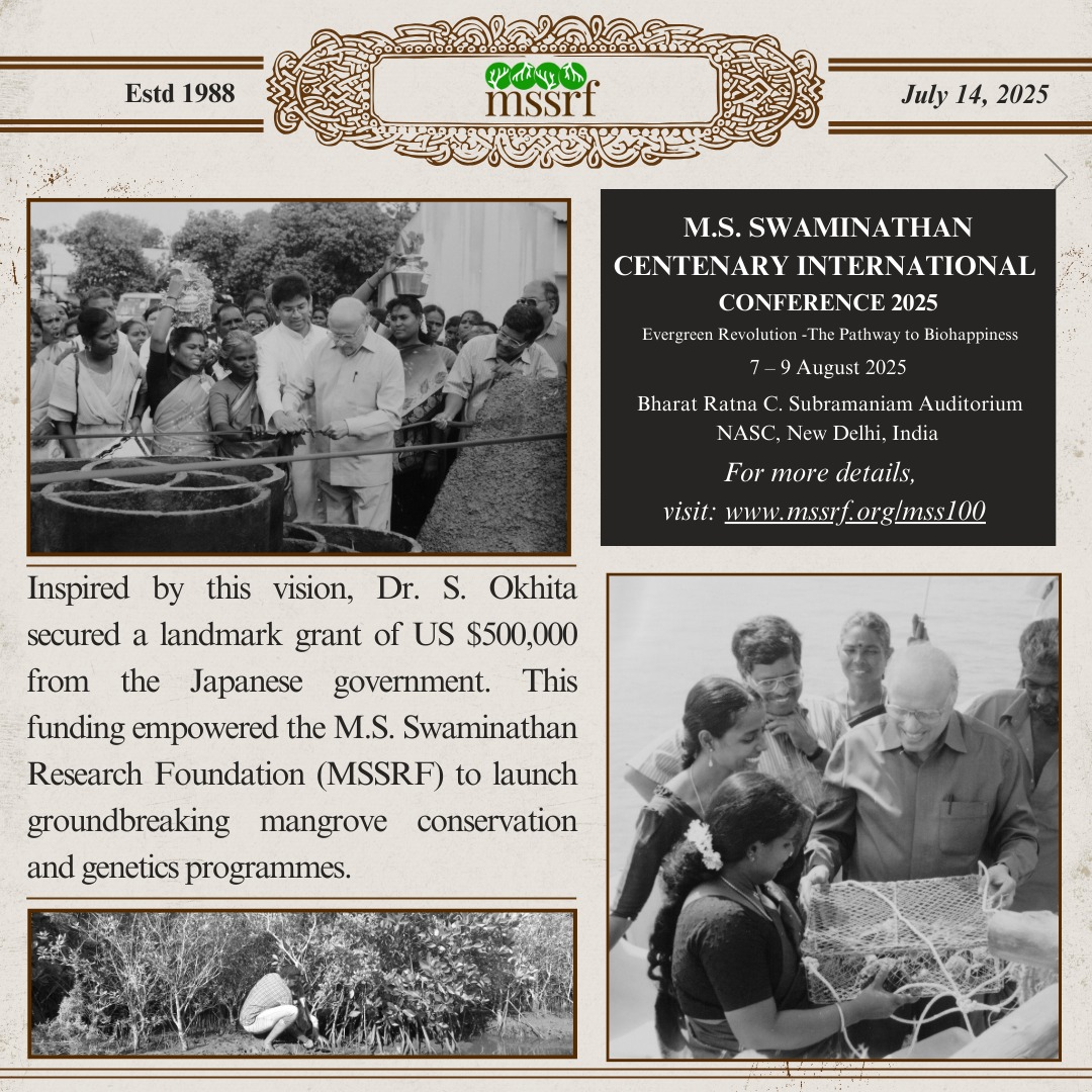 mssrf's tweet image. #MilestoneMonday
Celebrating the centenary of Prof. M.S. Swaminathan with a tribute to a vital legacy — mangrove conservation.
As early as the 1990s, Prof. Swaminathan through the M.S. Swaminathan Research Foundation (MSSRF), pioneered community-led mangrove conservation in…
