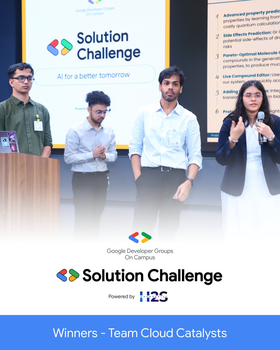 hack2skill's tweet image. Revolutionizing drug discovery with AI! 💥
Meet Cloud Catalysts - the Winner of the GDG on Campus Solution Challenge 2025 powered by Hack2skill! 🏆
#SolutionChallenge #GDGonCampus #Hack2skill