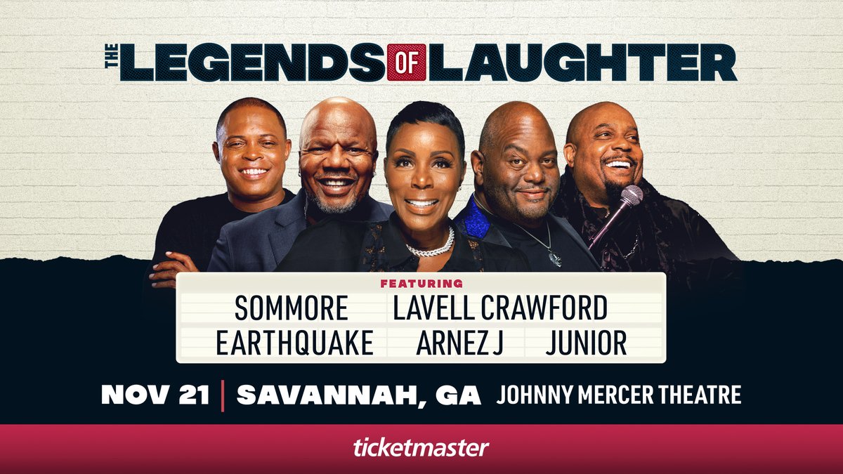 The Legends of Laughter comedy tour is coming to Johnny Mercer Theatre on Nov. 21st! This star studded cast featuring Sommore, Lavell Crawford, Earthquake, Arnez J and Junior will be sure to have you cracking up all evening! Tickets go on sale this Friday at 10am.