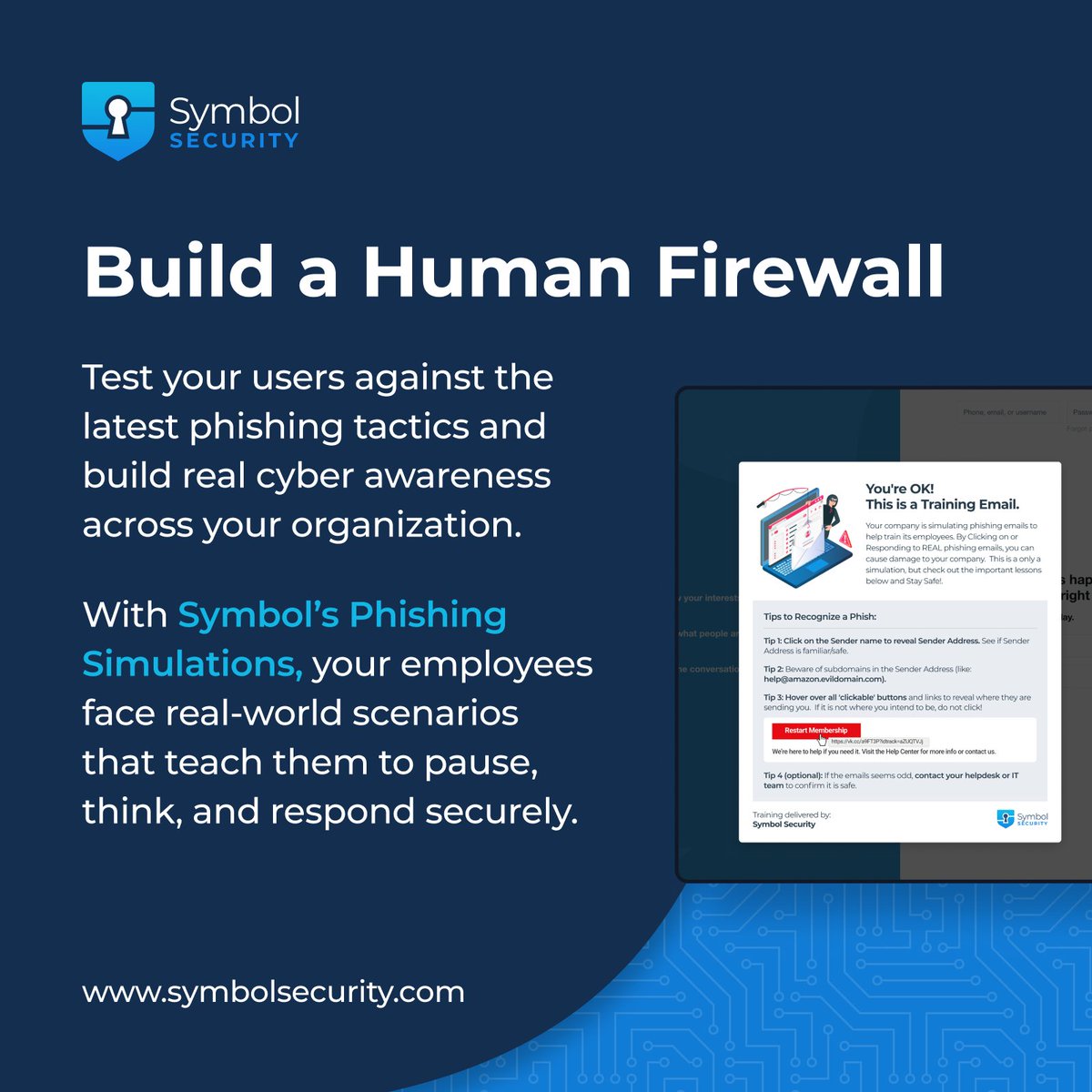 Symbol_Security's tweet image. ⚠️ Phishing emails don’t come with a warning, but your team can learn to spot them. Symbol’s Phishing Simulations train users to pause, assess, and respond before it’s too late🔒.
Build your human firewall today 👉 hubs.ly/Q03wtZN00
#CyberSecurity #Phishing #HumanFirewall