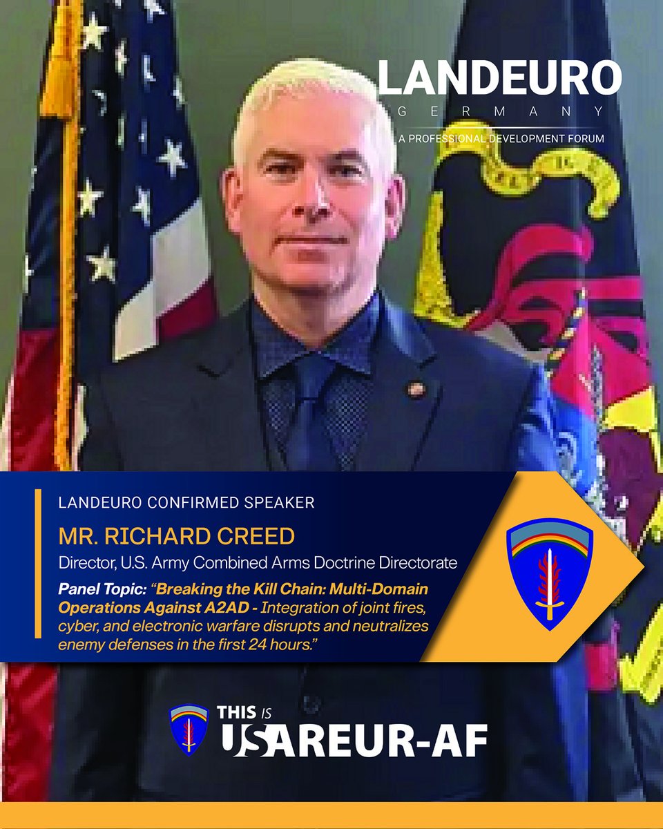 🚨 Speaker Spotlight 🚨

Dive into multi-domain integration, live data, AI, and unmanned systems.

Don't miss Richard Creed on the #LANDEURO panel: "Breaking the Kill Chain: Multi-Domain Operations Against A2AD"

#ThisIsUSAREURAF | #EuropeAfricaInnovation | #WeAreNATO https://t.co/X4Xb8TfkZQ