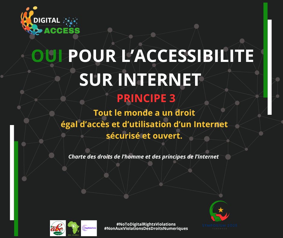 Tout le monde a un droit égal d’accès et d’utilisation d’un Internet sécurisé et ouvert.
#DroitsNumeriques
#LibertessurInternet
#DigitalRights
#InternetFreedom
#DigitalAccess
#NoToDisniformation
#NoToHatespeech
#Election2025
#Symposium237
#ADISI