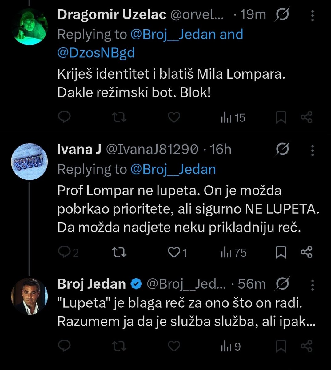 Борба титана око г. Ломпара. Оптужују се међусобно да су режимски ботови.
Стално се питам зашто му је требало да се ваља у свињцу тисућљетних беспућа.
