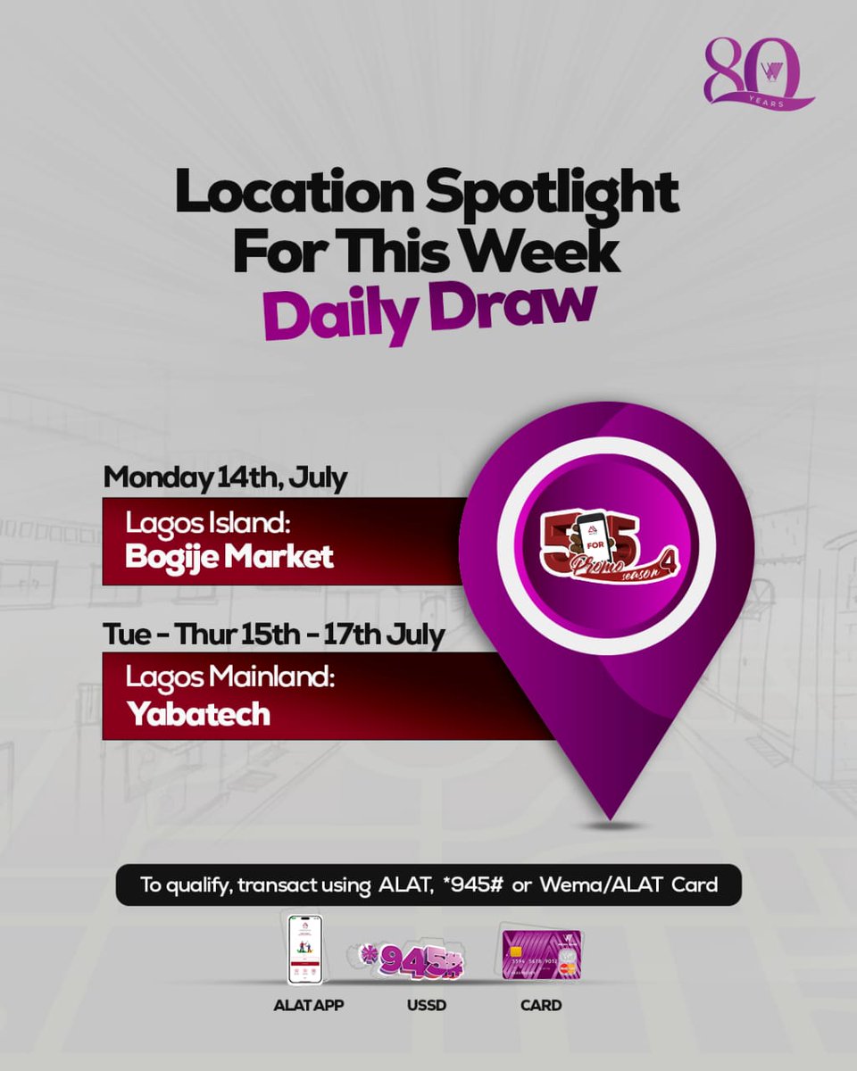 Are you ready? 

This week's spotlight is on Bogije Market &amp; Yabatech! 

Do you reside there? Then guess what you might just be among the lucky daily draw winners. 

#WemaBank #Wema5For5Promo4 #DailyDraw #ALATWay